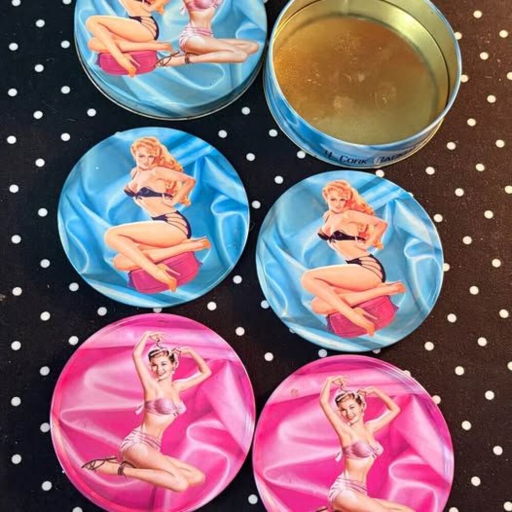 Pinup Girl Coaster Set of 4 cork back Metal coasters in Tin